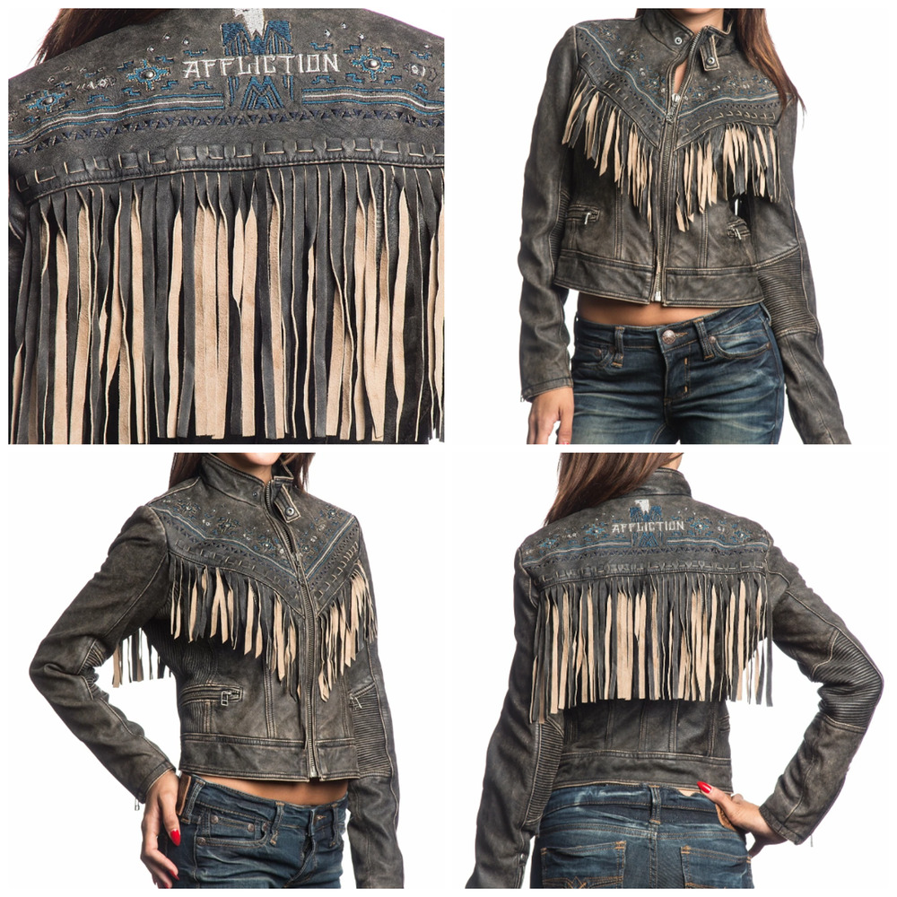 AFFLICTION Leather LOST LOVE Jacket L Limited edition #226 Black fringe NWT $595